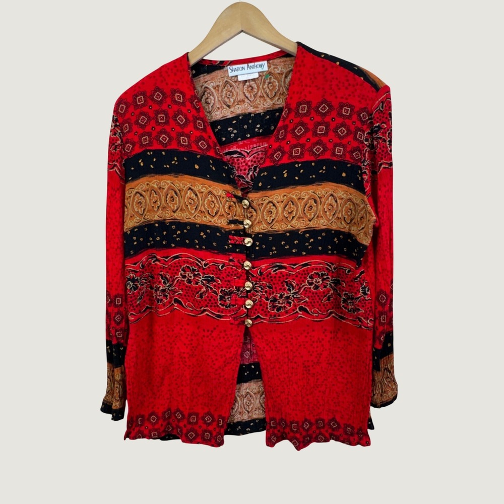 Sharon Anthony Blouse 10 Red Vintage 90s Boho Rayon Paisley Button Front USA